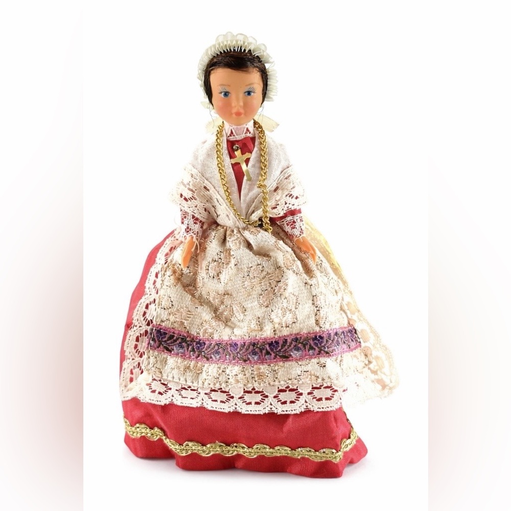 Vintage 6” European Folk Costume Doll Lace Shawl Gold Cross Red Skirt - Picture 2 of 8